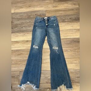 Vervet Blue Distressed High Rise Flared Jeans